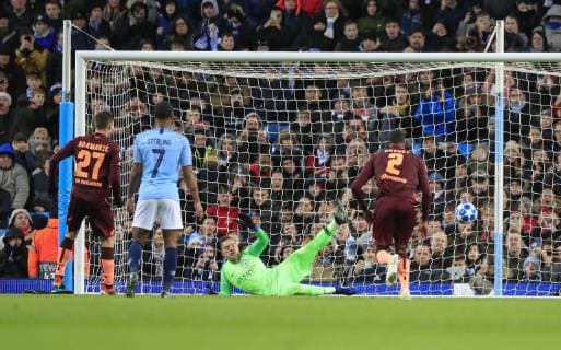 12th December 2018, Etihad Stadium, Manchester, England; UEFA Champions League football, Manchester City versus Hoffenheim; Andrej Kramaric of Hoffenheim scores from the penalty spot in the 16th minute to make it 0-1 to Hoffenheim  ActionPlus12087235 ConorxMolloy