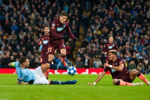 Manchester City v TSG 1899 Hoffenheim UEFA Champions League Nicolas Otamendi of Manchester City clashes with Andrej Kramaric and Joelinton (right) of TSG 1899 Hoffenheim during the UEFA Champions League match at the Etihad Stadium, Manchester Content Not Available For UK Newspapers Copyright: xMattxWilkinsonx FIL-12681-0023