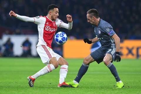 Football Champions League Group Phase 6 Matchday Ajax Amsterdam FC Bayern Munich on 12 12 2018 at Johann Cruyff ArenA in Amsterdam Noussair Mazraoui left Franck Ribery Munich right DFL Regulations prohibit any use of photographs as image sequences and or quasi video xRx