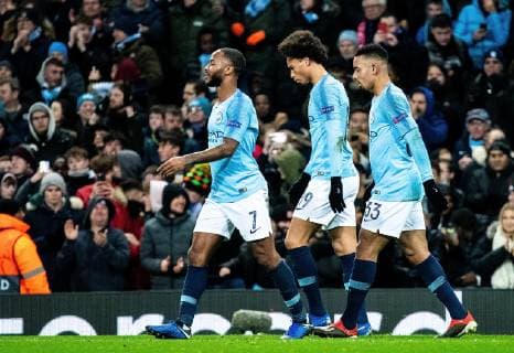 12 12 2018 xfux Football UEFA Champions League Manchester City FC TSG 1899 Hoffenheim emspor v l Raheem Sterling Manchester City FC Leroy Sane Manchester City FC Gabriel Jesus Manchester City FC Torjubel Goal celebration celebrate the goal to 1 1 Manchester