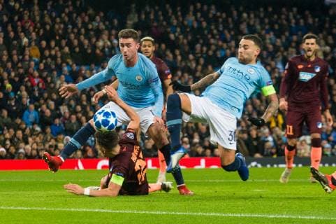 Manchester City v TSG 1899 Hoffenheim UEFA Champions League Benjamin Hubner of TSG 1899 Hoffenheim goes down under a challenge from Aymeric Laporte of Manchester City resulting in a penalty kick during the UEFA Champions League match at the Etihad Stadium, Manchester Content Not Available For UK Newspapers Copyright: xMattxWilkinsonx FIL-12681-0027