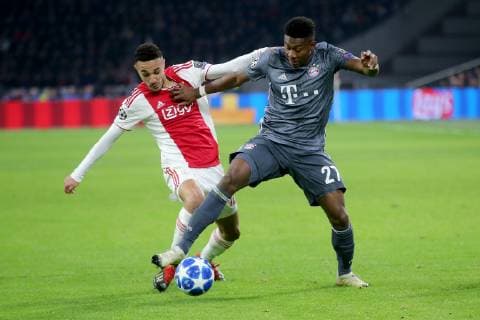 Noussair Mazraoui AFC Ajax Amsterdam 12 David Alaba FC Bayern Muenchen 27 Ajax Amsterdam vs. FC Bayern Muenchen Football Champions League Group Stage 12 12 2018 Ajax Amsterdam vs. FC Bayern Muenchen Football Champions League Group Stage 12 12 2018 Amsterdam Copyright: xLanger Eibner-Pressefotox EP_HLR