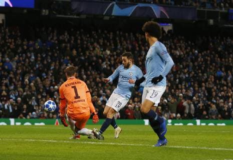 Bernardo Silva of Manchester City sees his shot saved by Oliver Baumann of Hoffenheim during the UEFA Champions League Group F match at the Etihad Stadium, Manchester. Picture date 12th December 2018. Picture credit should read: Simon Bellis Sportimage EDITORIAL USE ONLY. No use with unauthorised audio, video, data, fixture lists, club league logos or live services. Online in-match use limited to 120 images, no video emulation. No use in betting, games or single club league player publications.