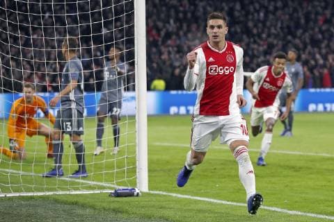 AMSTERDAM, Ajax - Bayern Munchen, football, Champions League Season 2018 2019, 12-12-2018, Johan Cruijff Arena . Ajax player Dusan Tadic celebrating his 1-1 during the game Ajax - Bayern . Ajax - Bayern  x2685779x