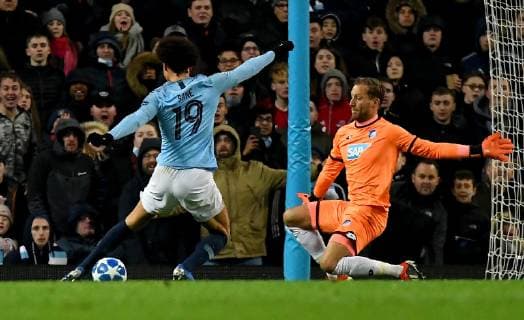 12 12 2018 xfux Football UEFA Champions League Manchester City FC TSG 1899 Hoffenheim emspor v l Leroy Sane Manchester City FC Oliver Baumann TSG 1899 Hoffenheim Goal scored Goal to 2 1 Manchester