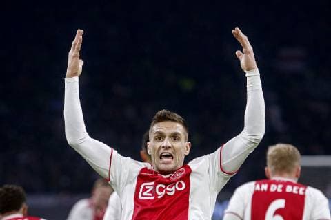 AMSTERDAM, Ajax - Bayern Munchen, football, Champions League Season 2018 2019, 12-12-2018, Johan Cruijff Arena . Ajax player Dusan Tadic celebrating his 1-1 during the game Ajax - Bayern . Ajax - Bayern  x2685827x