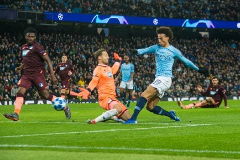 Manchester City v TSG 1899 Hoffenheim UEFA Champions League Leroy Sane of Manchester City strikes the ball past TSG 1899 Hoffenheim goalkeeper Oliver Baumann for his sides second goal during the UEFA Champions League match at the Etihad Stadium, Manchester Content Not Available For UK Newspapers Copyright: xMattxWilkinsonx FIL-12681-0033