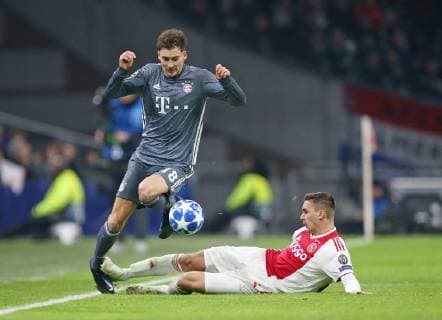 12 12 2018 Football UEFA Champions League 2018 2019 Group stage 6 matchday Ajax Amsterdam FC Bayern Munich at Johan Cruijff Arena Amsterdam L R Leon Goretzka Bayern Munich is being fouled by Maximilian Wöber Ajax Amsterdam DFL and DFB regulations prohibit any use of photographs as image sequences and or quasi video