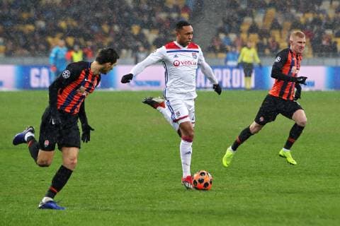 Defender Kenny Tete (C) of Olympique Lyonnais (Lyon) is seen in action with midfielders Taras Stepanenko (L) and Viktor Kovalenko of FC Shakhtar Donetsk during the UEFA Champions League Group F Matchday 6 game at the NSC Olimpiyskiy, Kyiv, capital of Ukraine, December 12, 2018. Ukrinform. UCL: Shakhtar vs Lyon in Kyiv  Copyright: xPavlo_Bagmutx