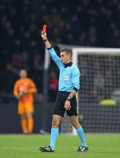 12 12 2018 Football UEFA Champions League 2018 2019 Group stage 6 Matchday Ajax Amsterdam FC Bayern Munich at Johan Cruijff Arena Amsterdam Referee Clement Turpin shows red card DFL and DFB regulations prohibit any use of photographs as image sequences and or quasi video