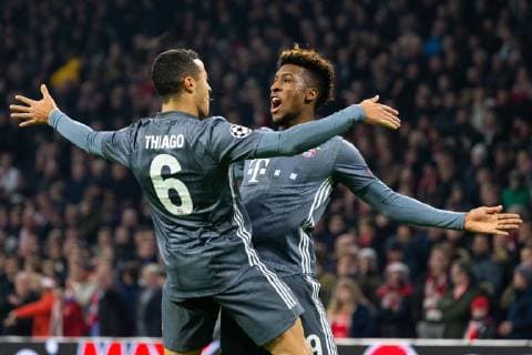 Sport Bilder des Tages Thiago Alcantara of FC Bayern Munchen, Kingsley Coman of FC Bayern Munchen during the UEFA Champions League group E match between Ajax Amsterdam and Bayern Munich at the Johan Cruijff Arena on December 12, 2018 in Amsterdam, The Netherlands UEFA Champions League 2018 2019 xVIxVIxImagesx xTomxBodexMultimediaxIVx 13055202
