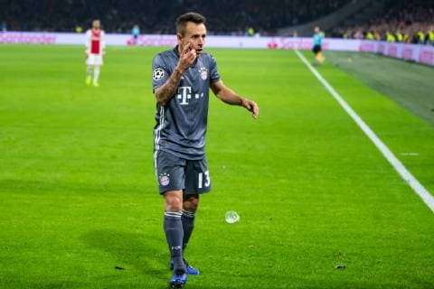 12 12 2018 xkvx Football UEFA Champions League Ajax Amsterdam FC Bayern Muenchen emspor v l Goal celebration celebrate the goal to 2 2 by Robert Lewandowski FCB FC Bayern Muenchen Players are thrown with items DFL DFB REGULATIONS PROHIBIT ANY USE OF PHOTOGRAPHS as IMAGE SEQUENCES and or QUASI VIDEO Amsterdam