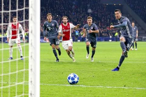 AMSTERDAM, Ajax - Bayern Munchen, football, Champions League Season 2018 2019, 12-12-2018, Johan Cruijff Arena . Bayern Munchen player Robert Lewandowski scores penalty 2-3 during the game Ajax - Bayern . Ajax - Bayern  x2686064x