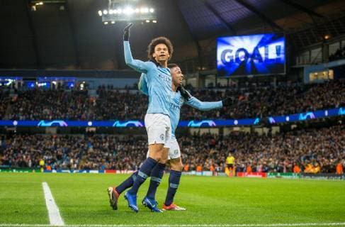 Leroy Sane of Man City celebrates scoring his first goal during the UEFA Champions League match between Manchester City and TSG 1899 Hoffenheim at the Etihad Stadium, Manchester, England on 12 December 2018. Copyright: xAndyxRowlandx PMI-2472-0014