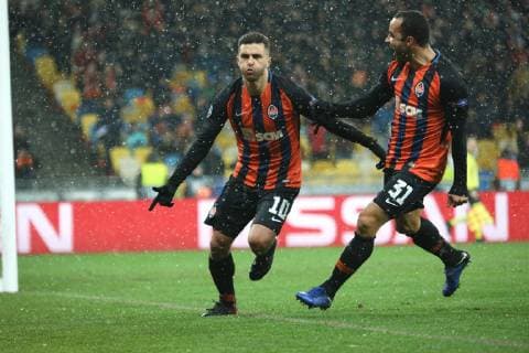 Forward Junior Moraes (L) who has scored the opener and defender Ismaily of FC Shakhtar Donetsk celebrate the goal during the UEFA Champions League Group F Matchday 6 game against Olympique Lyonnais (Lyon) at the NSC Olimpiyskiy, Kyiv, capital of Ukraine, December 12, 2018. Ukrinform. UCL: Shakhtar vs Lyon in Kyiv  Copyright: xDanilxShamkinx
