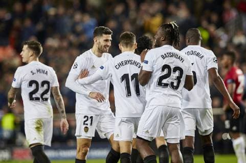 12th December 2018, Mestalla Stadium, Valencia, Spain; UEFA Champions League football, Valencia versus Manchester United ManU Batshuayi of Valencia CF celebrates with his team mates after the own goal from Phil Jones of Manchester United that makes the score 2-0 for Valencia CF in minute 46  ActionPlus12087269 IvanxArlandis