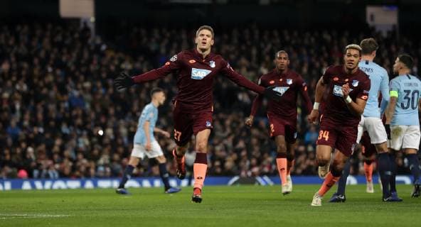 Football - 2018 2019 UEFA Champions League - Group F: Manchester City vs. 1899 Hoffenheim Andrej Kramaric of Hoffenheim celebrates scoring a penalty at The Etihad. COLORSPORT LYNNE CAMERON 