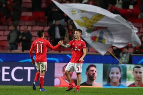 December 12, 2018 - Lisbon, Portugal - Benfica s Spanish defender Alejandro Grimaldo (R ) celebrates the victory (1-0) with Argentine forward Franco Cervi after the UEFA Champions League Group E football match SL Benfica vs AEK Athens FC at the Luz stadium in Lisbon, Portugal on December 12, 2018 UEFA Champions League Group E football match SL Benfica vs AEK Athens FC - ZUMAf123 20181212_zap_f123_015 Copyright: xPedroxFiuzax