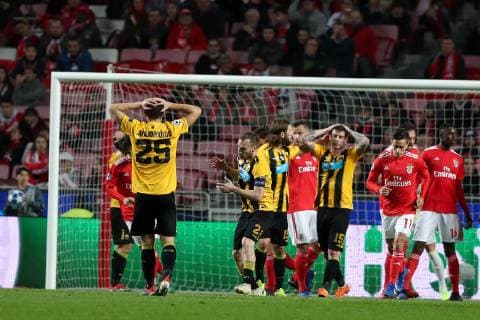 December 12, 2018 - Lisbon, Portugal - AEK s players react during the UEFA Champions League Group E football match SL Benfica vs AEK Athens FC at the Luz stadium in Lisbon, Portugal on December 12, 2018 UEFA Champions League Group E football match SL Benfica vs AEK Athens FC - ZUMAf123 20181212_zap_f123_017 Copyright: xPedroxFiuzax