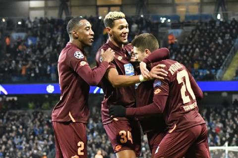 Manchester City TSG 1899 Hoffenheim Cheers on goal after Hoffenheims penalty kick Andrej Kramaric No 27 to 0 1 left in the picture at the match in the Champions League Manchester City TSG 1899 Hoffenheim Manchester 12 12 18 18 Football Champions League Manchester