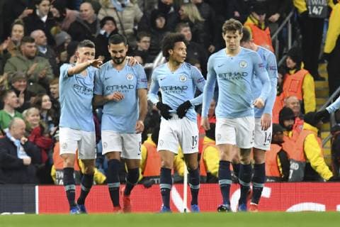 Manchester City TSG 1899 Hoffenheim Cheering goal for the 1 1 equaliser after Manchester Sane Sane Leroy No 19 scored in the Champions League match Manchester City TSG 1899 Hoffenheim Manchester 12 12 18 Football Champions League Manchester