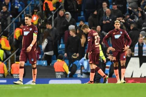 Manchester City TSG 1899 Hoffenheim After the end of the game the Hoffenheimers are disappointed v l Hoffenheims Benjamin Huebner No 21 Hoffenheims Andrej Kramaric No 27 and Hoffenheims Joelinton No 34 at the Champions League match Manchester City TSG 1899 Hoffenheim Manchester 12 12 18 Football Champions League Manchester