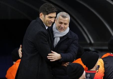 December 12, 2018 - Kyiv, Ukraine - Shakhtar head coach Paulo Fonseca (L) hugs Lyon head coach Bruno Genesio (R) during the UEFA Champions League Group F football match between Shakhtar Donetsk and Lyon at the NSK Olimpiyskyi in Kyiv, Ukraine, December 12, 2018. UEFA Champions League 2018: Group F: Shakhtar 1:1 Lyon - ZUMAs334 87573229st Copyright: xAnatoliixStepanovx