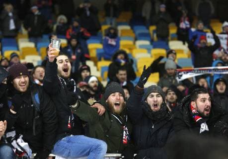 December 12, 2018 - Kyiv, Ukraine - Fans of the Lyon react after the UEFA Champions League Group F football match between Shakhtar Donetsk and Lyon at the NSK Olimpiyskyi in Kyiv, Ukraine, December 12, 2018. UEFA Champions League 2018: Group F: Shakhtar 1:1 Lyon - ZUMAs334 87573237st Copyright: xAnatoliixStepanovx