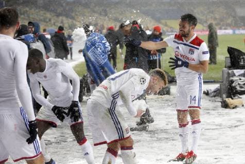 December 12, 2018 - Kyiv, Ukraine - Lyon players celebrates each other after the UEFA Champions League Group F football match between Shakhtar Donetsk and Lyon at the NSK Olimpiyskyi in Kyiv, Ukraine, December 12, 2018. UEFA Champions League 2018: Group F: Shakhtar 1:1 Lyon - ZUMAs334 87573241st Copyright: xAnatoliixStepanovx