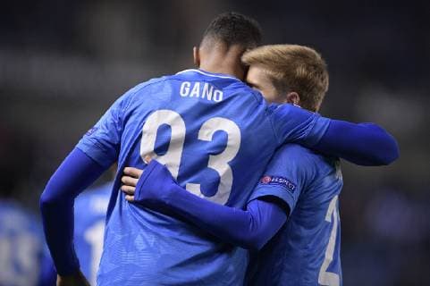 Genk s Zinho Gano and Genk s Jere Uronen celebrate during a game of Belgian soccer team KRC Racing Genk against Norwegian Sarpsborg 08 FF, in Genk, Thursday 13 December 2018, on day six of the Europa League group stage in group I. YORICKxJANSENS  x05489477x
