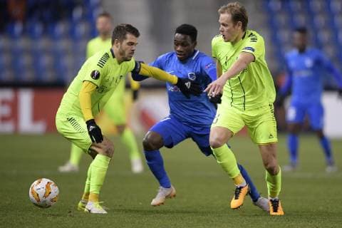 Sarpsborg s Joachim Thomassen, Genk s Joseph Paintsil and Sarpsborg s Matti Lund Nielsen fight for the ball during a game of Belgian soccer team KRC Racing Genk against Norwegian Sarpsborg 08 FF, in Genk, Thursday 13 December 2018, on day six of the Europa League group stage in group I. YORICKxJANSENS  x05489480x