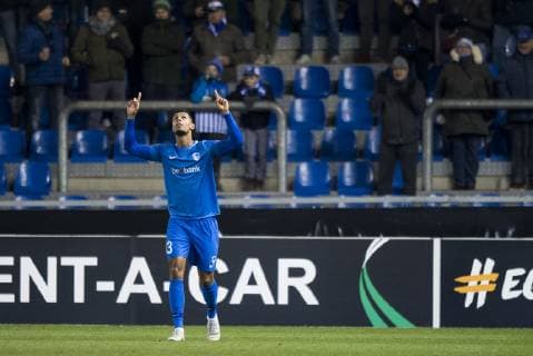 Genk s Zinho Gano celebrate after scoring during a game of Belgian soccer team KRC Racing Genk against Norwegian Sarpsborg 08 FF, in Genk, Thursday 13 December 2018, on day six of the Europa League group stage in group I. JASPERxJACOBS  x05489481x
