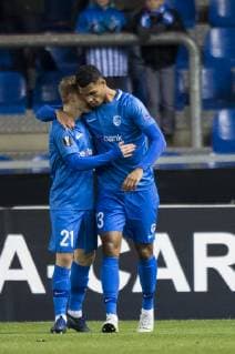 Genk s Jere Uronen and Genk s Zinho Gano celebrate after scoring during a game of Belgian soccer team KRC Racing Genk against Norwegian Sarpsborg 08 FF, in Genk, Thursday 13 December 2018, on day six of the Europa League group stage in group I. JASPERxJACOBS  x05489482x