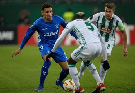 SOCCER - UEFA EL, Rapid vs Rangers VIENNA,AUSTRIA,13.DEC.18 - SOCCER - UEFA Europa League, group stage, SK Rapid Wien vs Glasgow Rangers. Image shows James Tavernier (Rangers), Boli Bolingoli-Mbombo (Rapid) and Stefan Schwab (Rapid). Keywords: Wien Energie. GEPAxpictures xMarioxKneisl