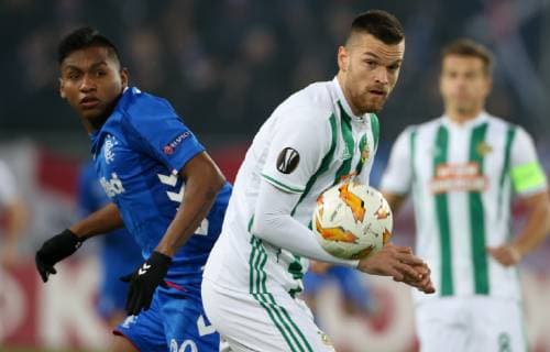 SOCCER - UEFA EL, Rapid vs Rangers VIENNA,AUSTRIA,13.DEC.18 - SOCCER - UEFA Europa League, group stage, SK Rapid Wien vs Glasgow Rangers. Image shows Alfredo Morelos (Rangers) and Mateo Barac (Rapid). Keywords: Wien Energie. GEPAxpictures xMarioxKneisl