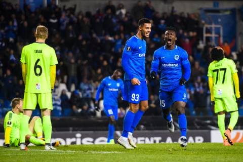 181213 Joseph Aidoo of Genk celebrates after 4 0 during the Europa League group stage match between Genk and Sarpsborg 08 on December 13 2018 in Genk Photo Fredrik Varfjell BILDBYR u0081N kod FV 150187, detectedSourceLanguage  Copyright: FREDRIKxVARFJELL BB181213FV034