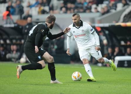 Ricardo Quaresma of Besiktas and Lasse Nielsen of Malmo during the UEFA Europa League match between Besiktas and Malmo at Vodafone Park in Istanbul , Turkey on December 13 , 2018. 