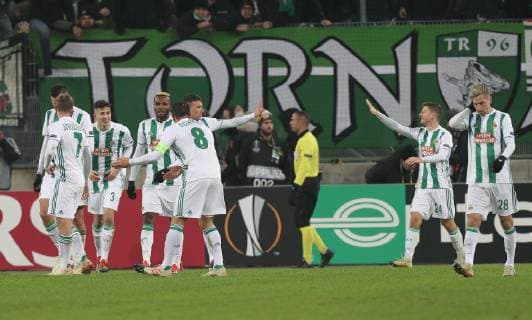 SOCCER - UEFA EL, Rapid vs Rangers VIENNA,AUSTRIA,13.DEC.18 - SOCCER - UEFA Europa League, group stage, SK Rapid Wien vs Glasgow Rangers. Image shows the rejoicing of Philipp Schobesberger (Rapid), Mert Muelduer (Rapid), Boli Bolingoli (Rapid), Stefan Schwab (Rapid), Dejan Ljubicic (Rapid), Stephan Auer (Rapid) and Christoph Knasmuellner (Rapid). Keywords: Wien Energie. GEPAxpictures xChristianxOrt