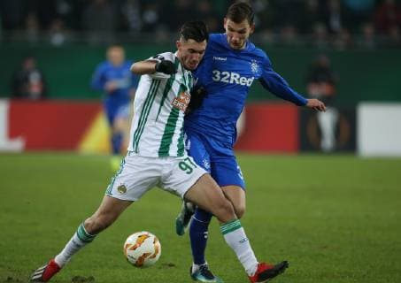 SOCCER - UEFA EL, Rapid vs Rangers VIENNA,AUSTRIA,13.DEC.18 - SOCCER - UEFA Europa League, group stage, SK Rapid Wien vs Glasgow Rangers. Image shows Andrei Ivan (Rapid) and Borna Barisic (Rangers). Keywords: Wien Energie. GEPAxpictures xMarioxKneisl