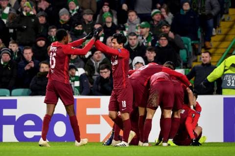 SOCCER - UEFA EL, Celtic vs RBS GLASGOW,SCOTLAND,13.DEC.18 - SOCCER - UEFA Europa League, group stage, Celtic Glasgow vs Red Bull Salzburg. Image shows the rejoicing of RBS. GEPAxpictures xFlorianxErtl