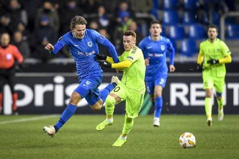 GENK, BELGIUM - DECEMBER 13 : Sander Boli Berge midfielder of Genk and Tobias Heintz of Sarpsborg 08 ff during the Europa League game between KRC Genk and Sarpsborg 08 FF on December 13, 2018 in Genk, Belgium, 13 12 18 FOOTBALL : Ligue Europa - Genk vs Sarpsborg - 13 12 2018 PhotoNews panoramic 