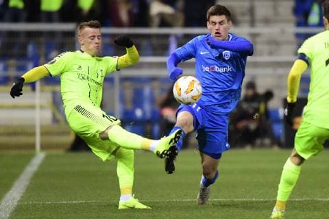 GENK, BELGIUM - DECEMBER 13 : Joakim Maehle Pedersen forward of Genk battles for the ball with Tobias Heintz of Sarpsborg during the Europa League game between KRC Genk and Sarpsborg 08 FF on December 13, 2018 in Genk, Belgium, 13 12 2018 FOOTBALL : Ligue Europa - Genk vs Sarpsborg - 13 12 2018 PhotoNews panoramic 