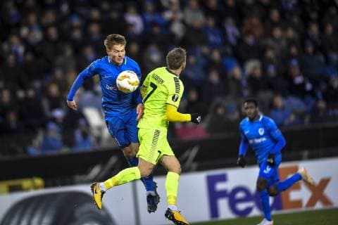 GENK, BELGIUM - DECEMBER 13 : Jere Uronen Juhani defender of Genk and Ole Jorgen Halvorsen of Sarpsborg 08 ff during the Europa League game between KRC Genk and Sarpsborg 08 FF on December 13, 2018 in Genk, Belgium, 13 12 18 FOOTBALL : Ligue Europa - Genk vs Sarpsborg - 13 12 2018 PhotoNews panoramic 