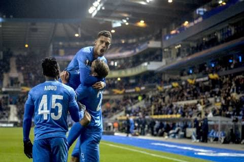 GENK, BELGIUM - DECEMBER 13 : Jubilation after scoring of Sander Boli Berge midfielder of Genk during the Europa League game between KRC Genk and Sarpsborg 08 FF on December 13, 2018 in Genk, Belgium, 13 12 18 FOOTBALL : Ligue Europa - Genk vs Sarpsborg - 13 12 2018 PhotoNews panoramic 