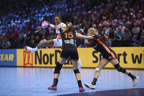 Handball, Damen EM, Halbfinale, Niederlande - Frankreich Estelle Nze Minko (France) vs Charris Rozemalen (Pays Bas) HANDBALL : Pays Bas vs France - Demie Finale Euro feminin - 14 12 2018 GwendolineLeGoff Panoramic 