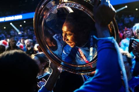 181216 The reflection of Siraba Dembele Pavlovic of France is seen in the trophy as she celebrates after winning the EHF European Women?s Handball Championship final match between Russia and France on December 16 2018 in Paris Photo Jon Olav Nesvold BILDBYRAN kod JE 160386, detectedSourceLanguage  Copyright: JONxOLAVxNESVOLD BB181216JE089