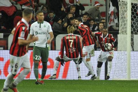 But - Wylan Cyprien (OGC Nice) - Pierre Lees Melou (OGC Nice) - Alan Saint Maximin (OGC Nice) FOOTBALL : OGC Nice vs Saint Etienne - Ligue 1 conforama - Nice - 16 12 2018 NorbertScanella Panoramic 
