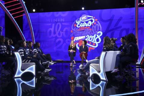 Marie Patrux equipe de France Feminine et Amelie Goudjo HANDBALL : L Equipe de France feminine Championne d Europe de handball sur le plateau de Beinsports - 17 12 2018 GwendolineLeGoff Panoramic 