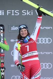 ALPINE SKIING - FIS WC Val Gardena VAL GARDENA,ITALY,18.DEC.18 - ALPINE SKIING - FIS World Cup, downhill, ladies, award ceremony. Image shows the rejoicing of Ramona Siebenhofer (AUT). GEPAxpictures xChristianxWalgram