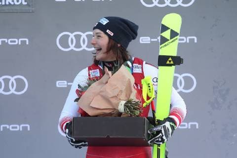 ALPINE SKIING - FIS WC Val Gardena VAL GARDENA,ITALY,18.DEC.18 - ALPINE SKIING - FIS World Cup, downhill, ladies, award ceremony. Image shows the rejoicing of Ramona Siebenhofer (AUT). GEPAxpictures xChristianxWalgram
